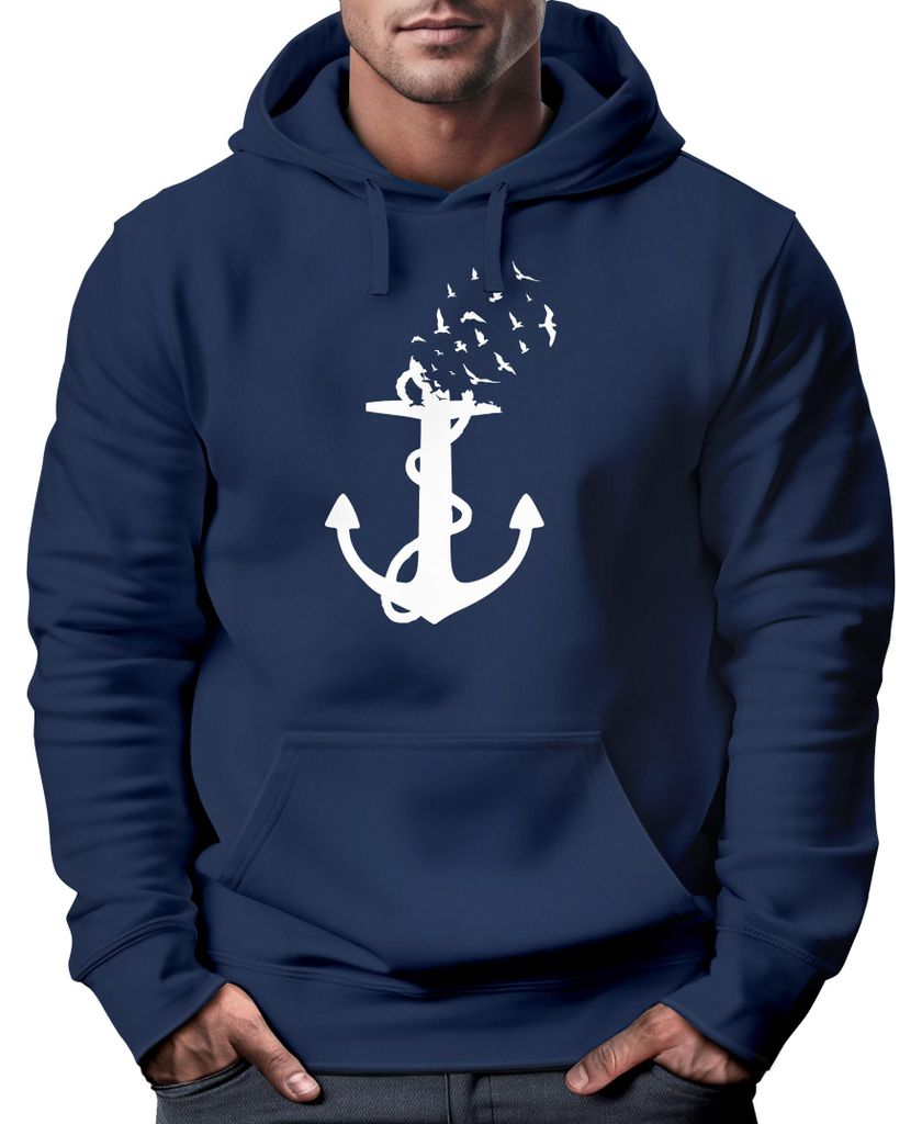 Hoodie Herren Print Aufdruck Trend Anker Vögel Motiv Norden Meer Fashion Streetstyle Neverless navy XXL
