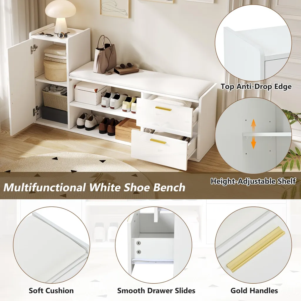 okwish Meuble à chaussures ouvert avec poignées métal et banc blanc - 5