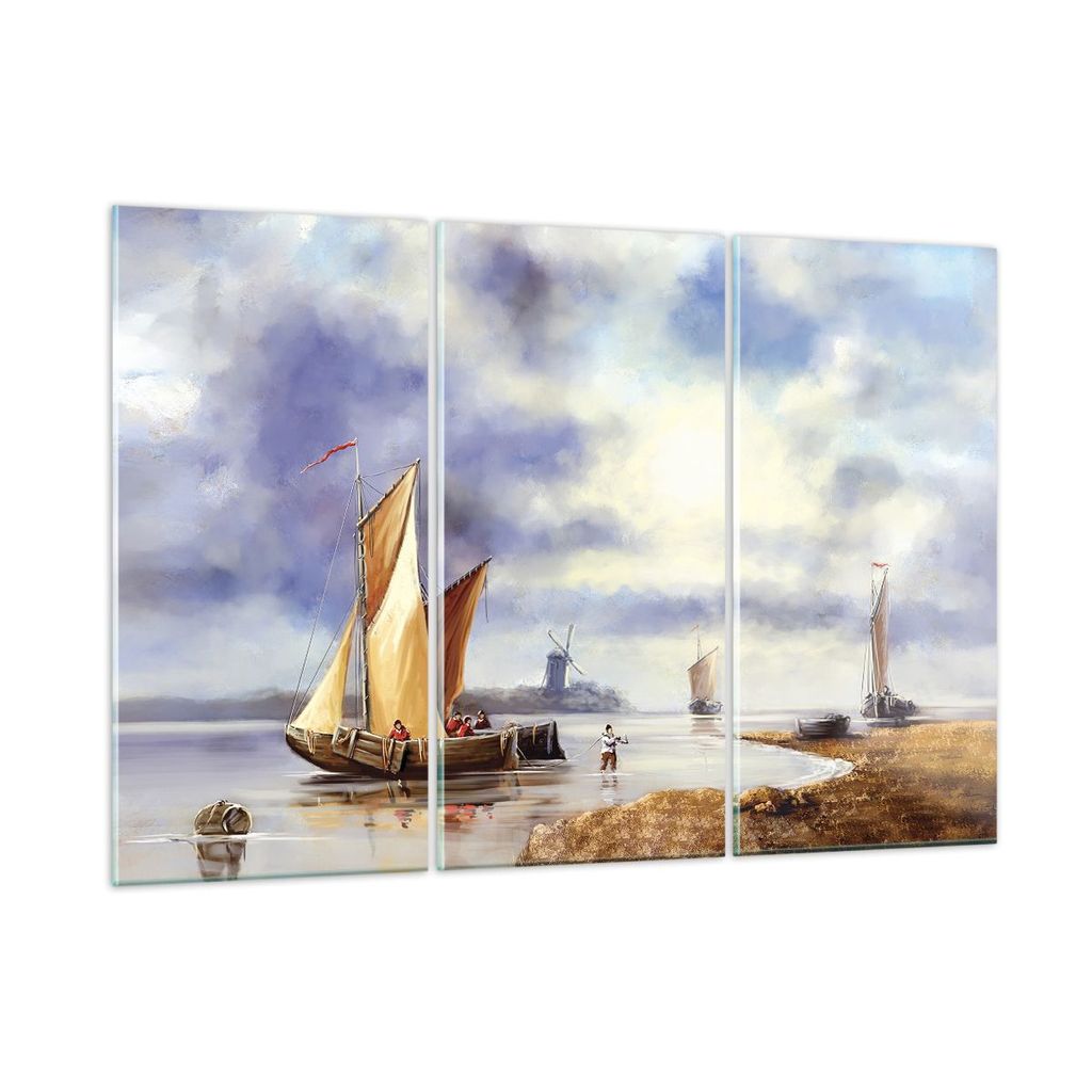 Bilder auf glas - 3 Teile - Fischer Schiff Fan - 165x110cm - Glasbilder - Wandbilder - Bilder - zum Aufhängen bereit - Wanddekoration aus Glas - G...