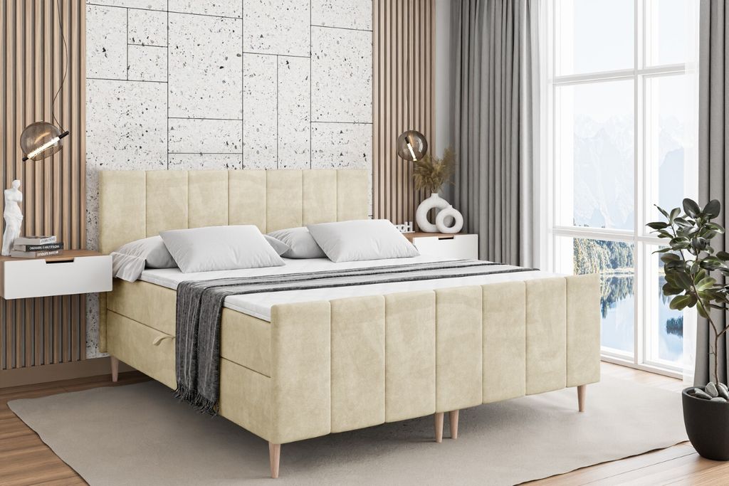 ALTDECOR Boxspringbett mit Holz Füßen, Matratze und Lattenrost, Topper, Fußteil, Polsterbett mit Bettkasten, Bett mit Stauraum H4-Matratze, Dopp...