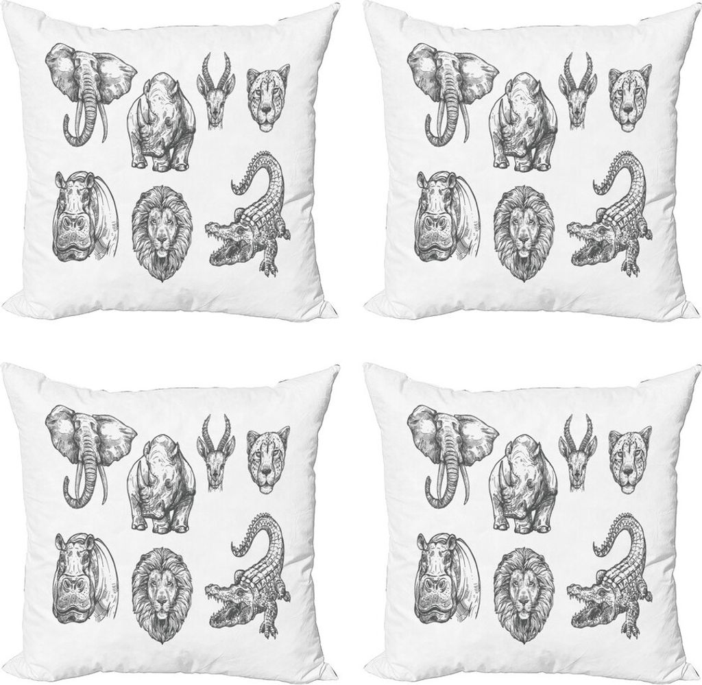 ABAKUHAUS Tierwelt Kissenbezug Set (4 Stück), Von Hand gezeichnet Zootiere, Moderner Doppelseitiger Digitaldruck, 50 cm x 50 cm, Charcoal Grau Weiß