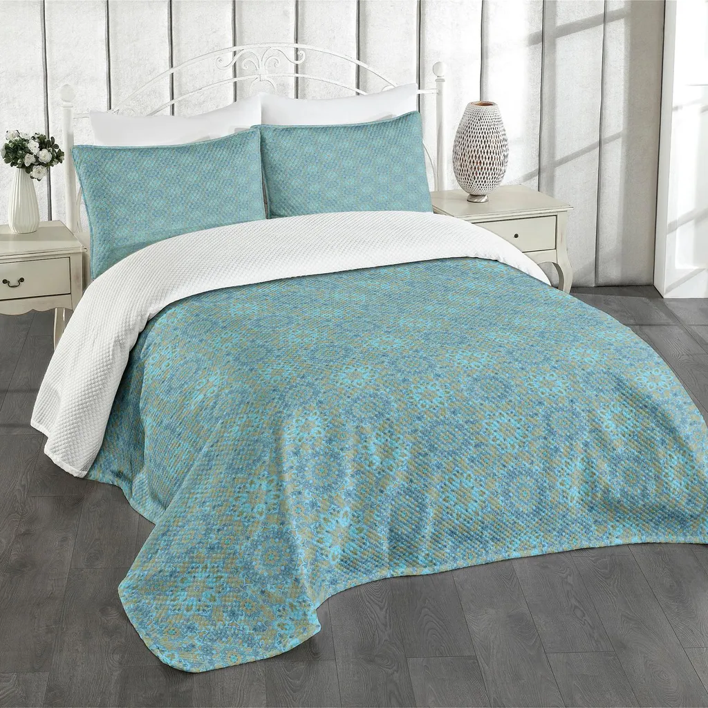 Set copriletto ABAKUHAUS Orange Mandala, Bohemian Vibes Jumble Folk motivo floreale ispirato alle piastrelle, 220 x 220 cm, azzurro e marrone scuro