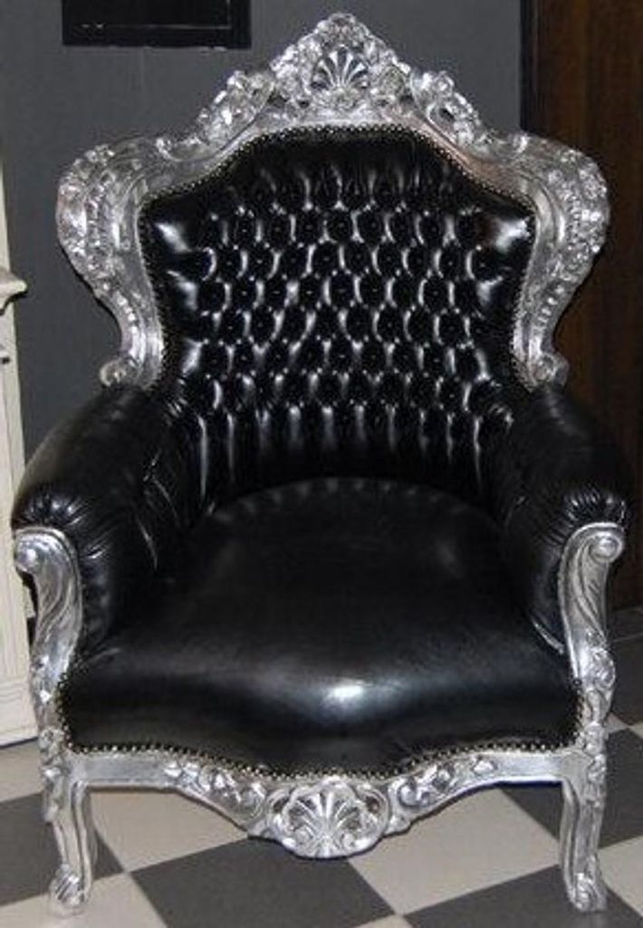 Casa Padrino Barock Sessel King Schwarz / Silber Lederoptik 85 x 85 x H. 120 cm - Möbel im Antik Stil