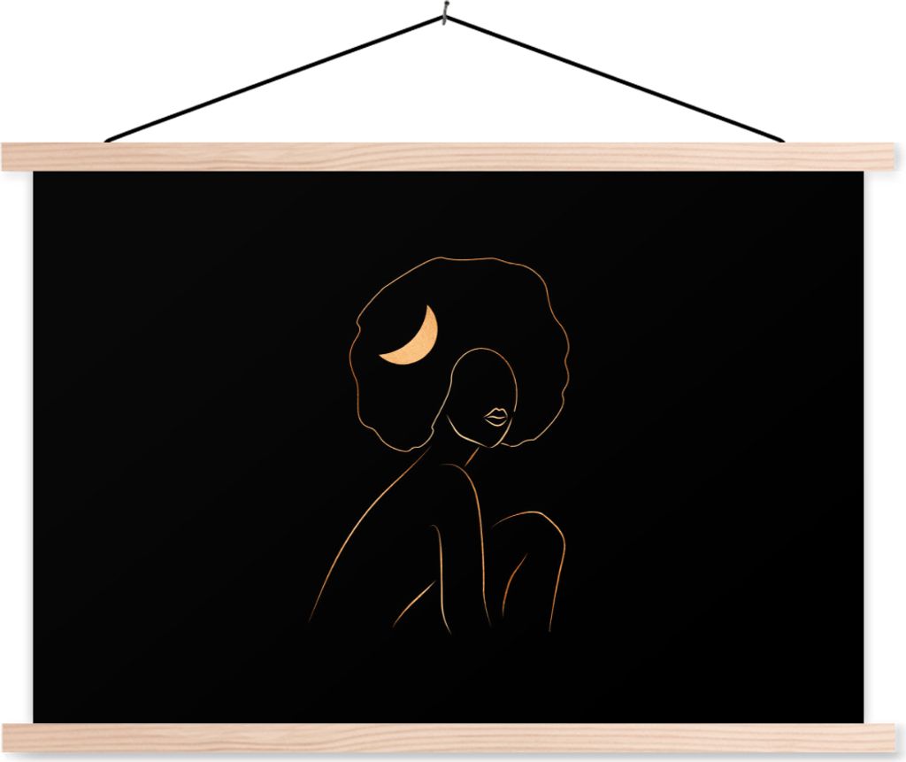MuchoWow Textilposter Frau - Gold - Schwarz - Strichzeichnung 120x80 cm mit holzfarbenen Rahmen - Aufhängeset