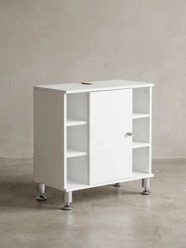 Moderner Badezimmer-Unterschrank, Chromfarbenfassung, großem Stauraum, justierbare Füße. 60x32x64 cm | Kadima Design