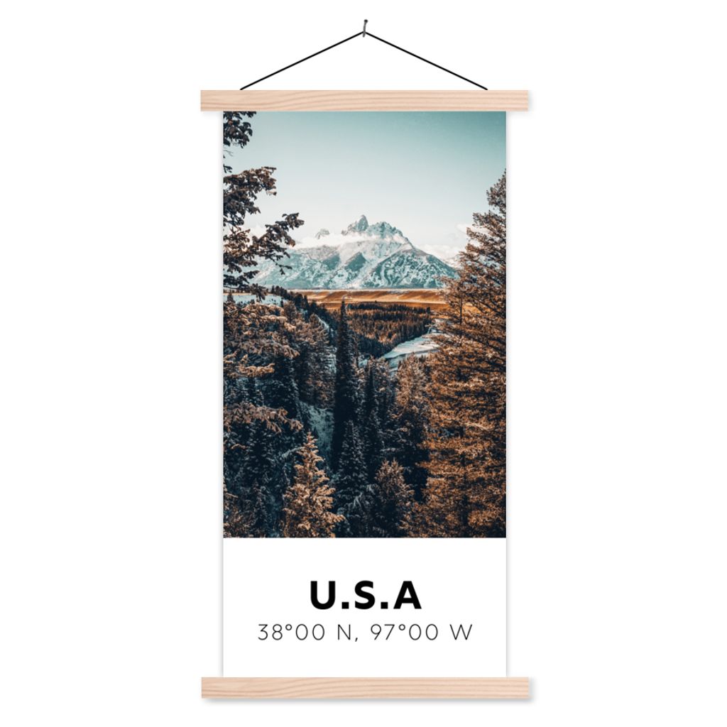 MuchoWow Textilposter Amerika - Berge - Bäume 40x80 cm mit holzfarbenen Rahmen - Wohnzimmer