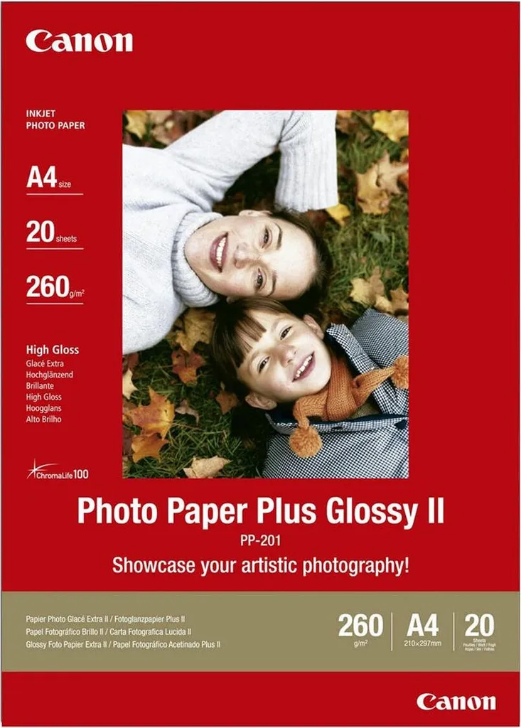 Papier Photo Brillant Canon Plus Glossy II A4 pour Imprimante Jet d'Encre