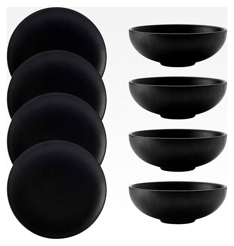 Dinner-Set 8-teilig, 4x Teller, 4x Schalen – Caviar Black, Schwarz matt – Keramik