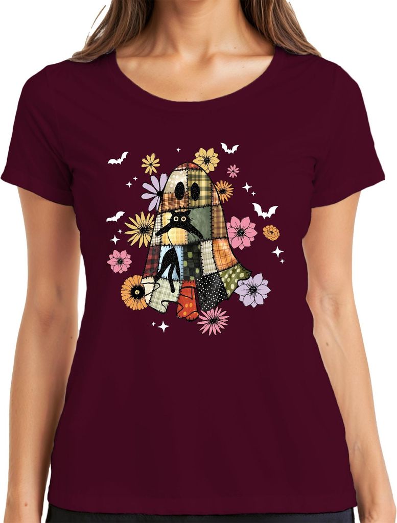 Halloween Geist Patchwork Katze Blumen Herbst Vintage Boho Sterne Damen T-Shirt, Burgundy, XXL