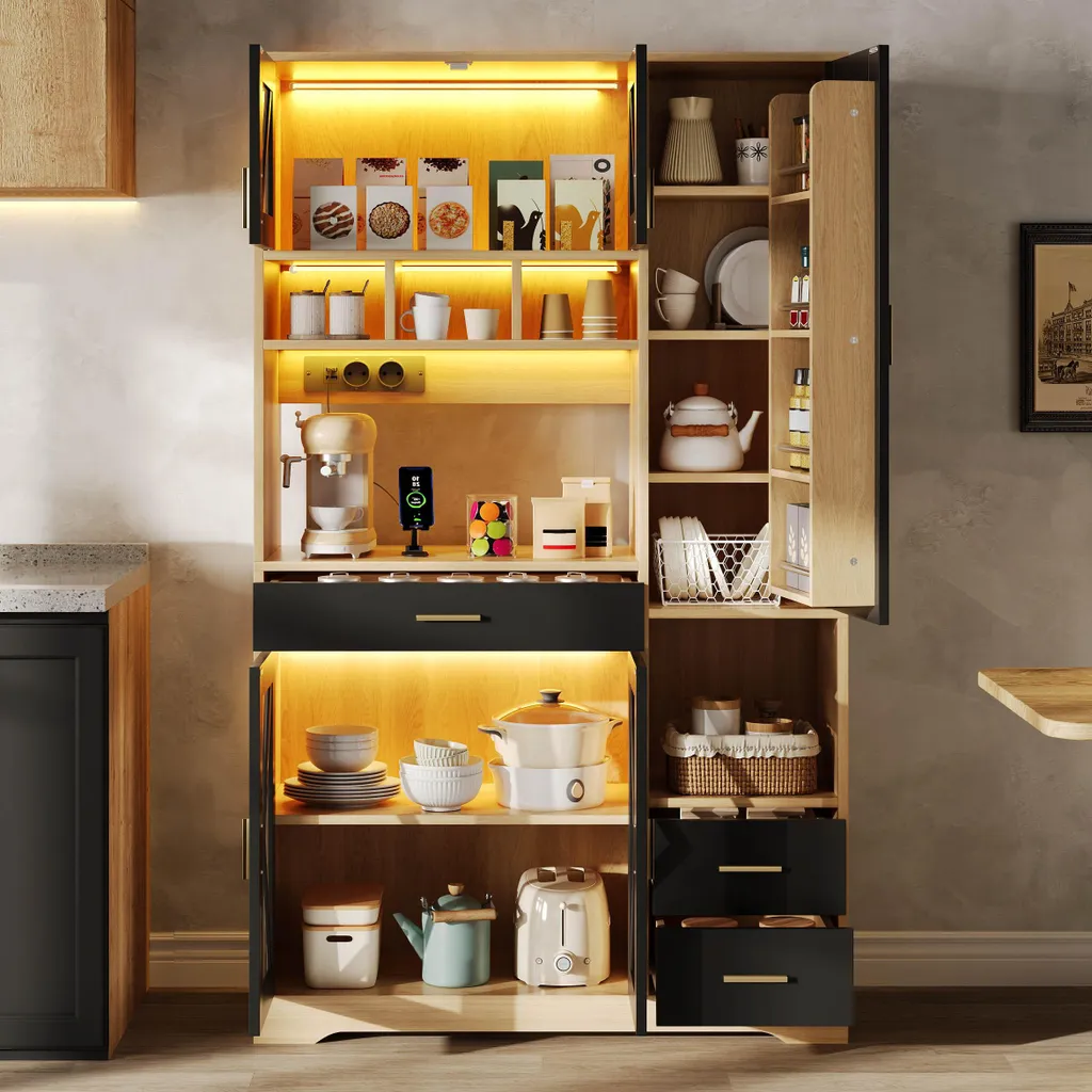 Buffet de Cuisine Noir avec Vitrine LED et Prises Secteur Intégrées - 4