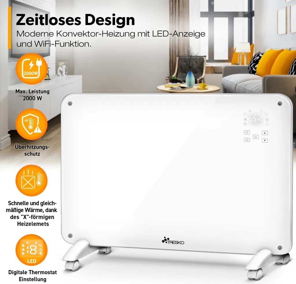 Chauffage Connecté WiFi 2000W Tresko avec Panneau Verre Trempé Blanc LED
