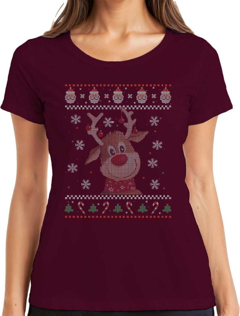 Süßes Rentier - Ugly Christmas Sweater Weihnachten Damen T-Shirt, Burgundy, M