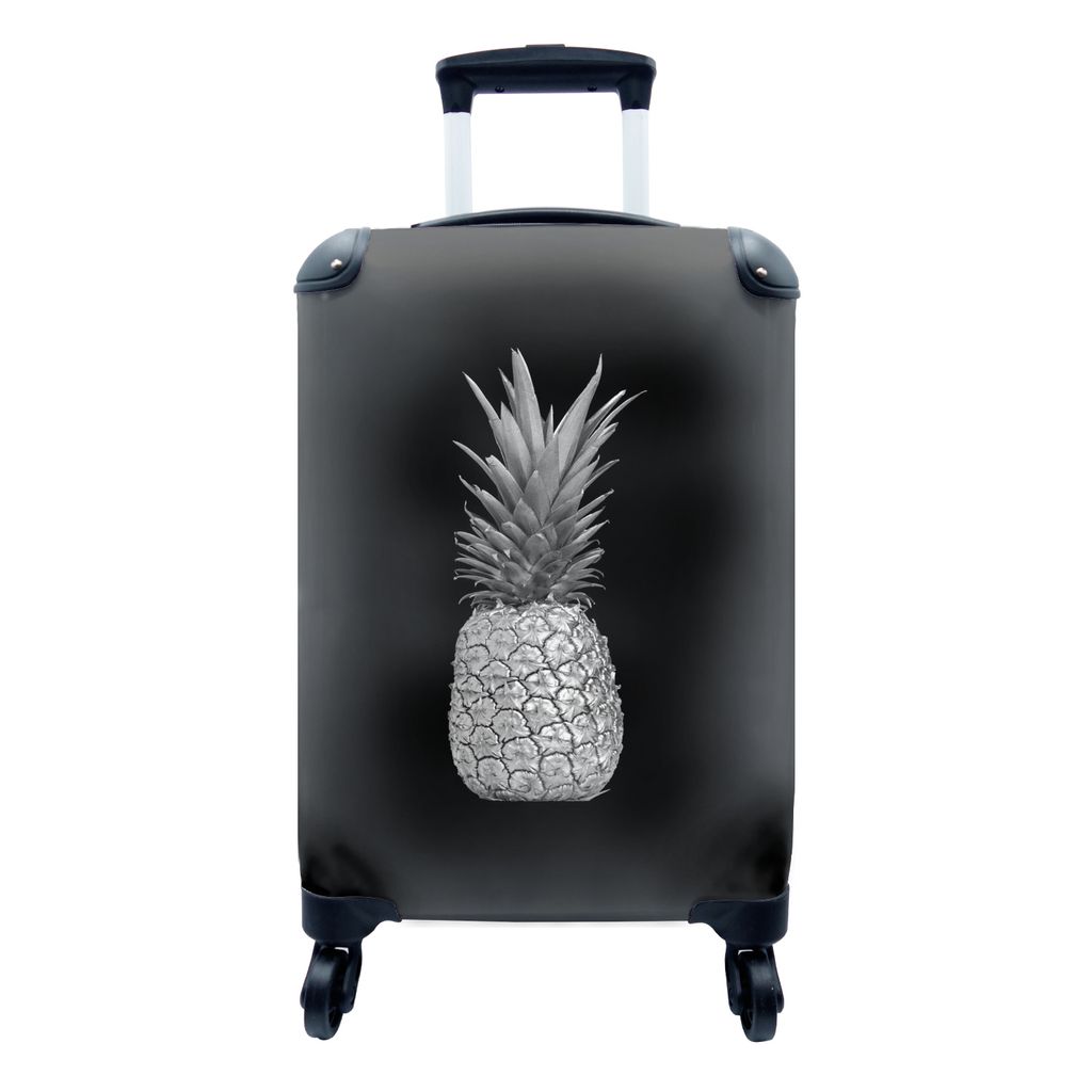 MuchoWow Koffer Handgepäck Trolley Rollkoffer Kleine Reisekoffer mit 4 Rollen - Ananas mit spitzen Blättern auf schwarzem Hintergrund - schwarz...