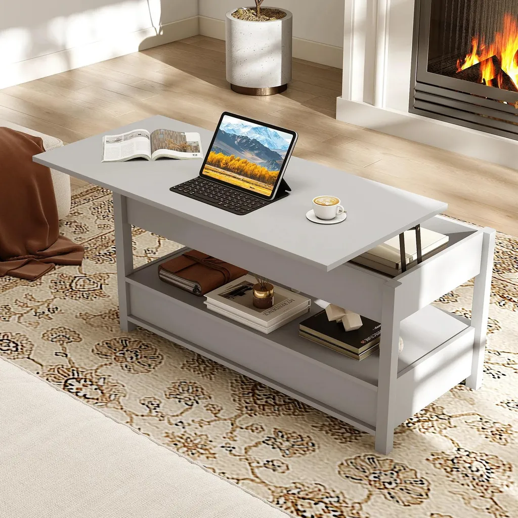 Table basse à plateau relevable et coffre de rangement style cottage