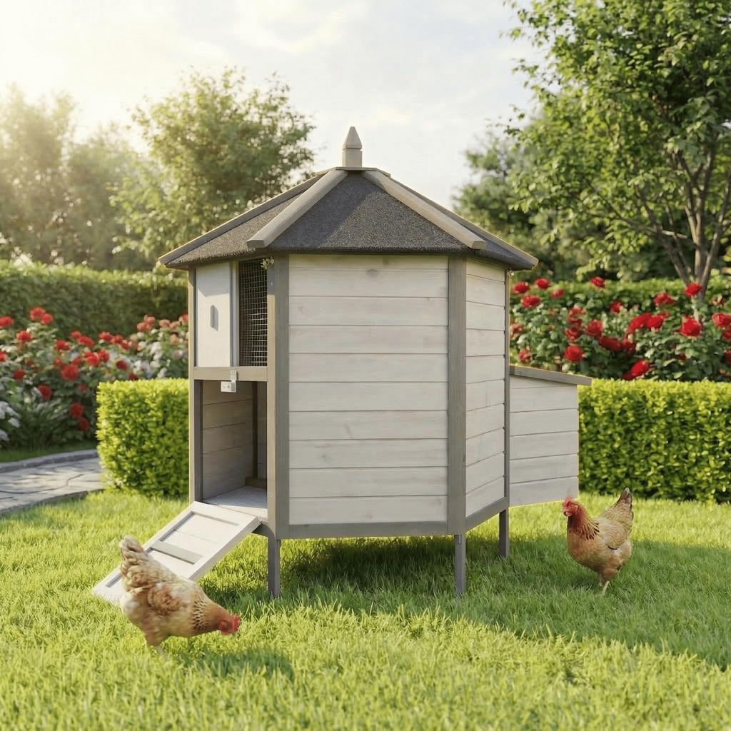 MyAnimal Hühnerstall MH-29 | Für 4 Hühner - Hühnerhaus 6-Eckig - Sitzstange - Nistkasten - Eiablage - Dach Wasserabweisend & Abnehmbar (Grau/We...