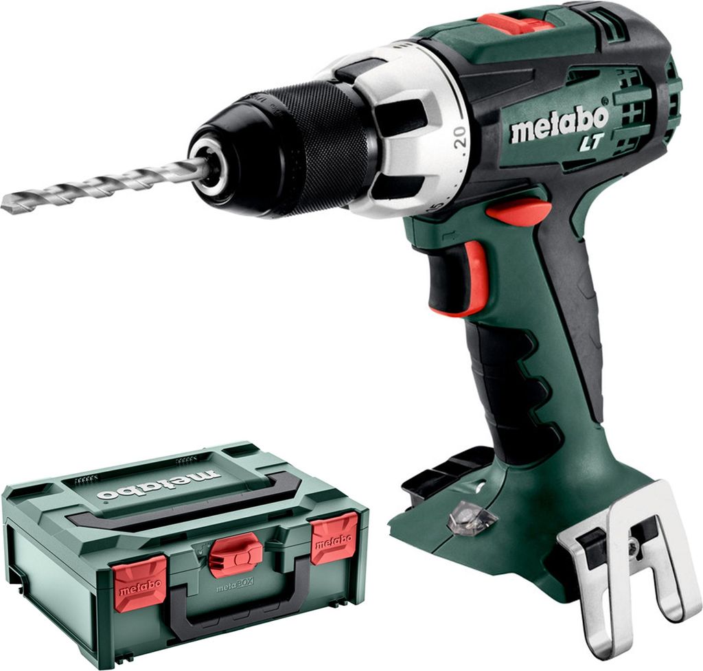 A cordless drill and its carrying case are shown against a white background.