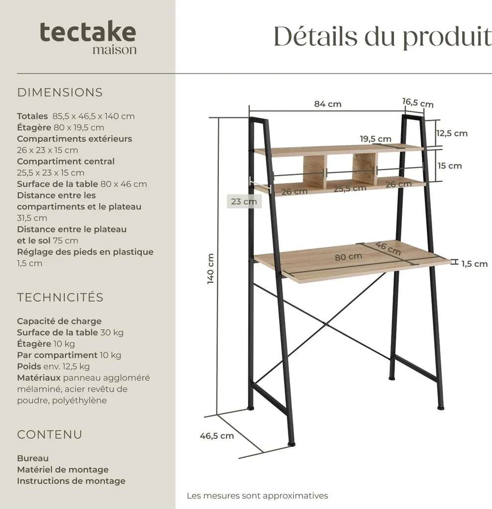 Petit bureau bois clair Exeter 85,5cm style industriel Sonoma robuste