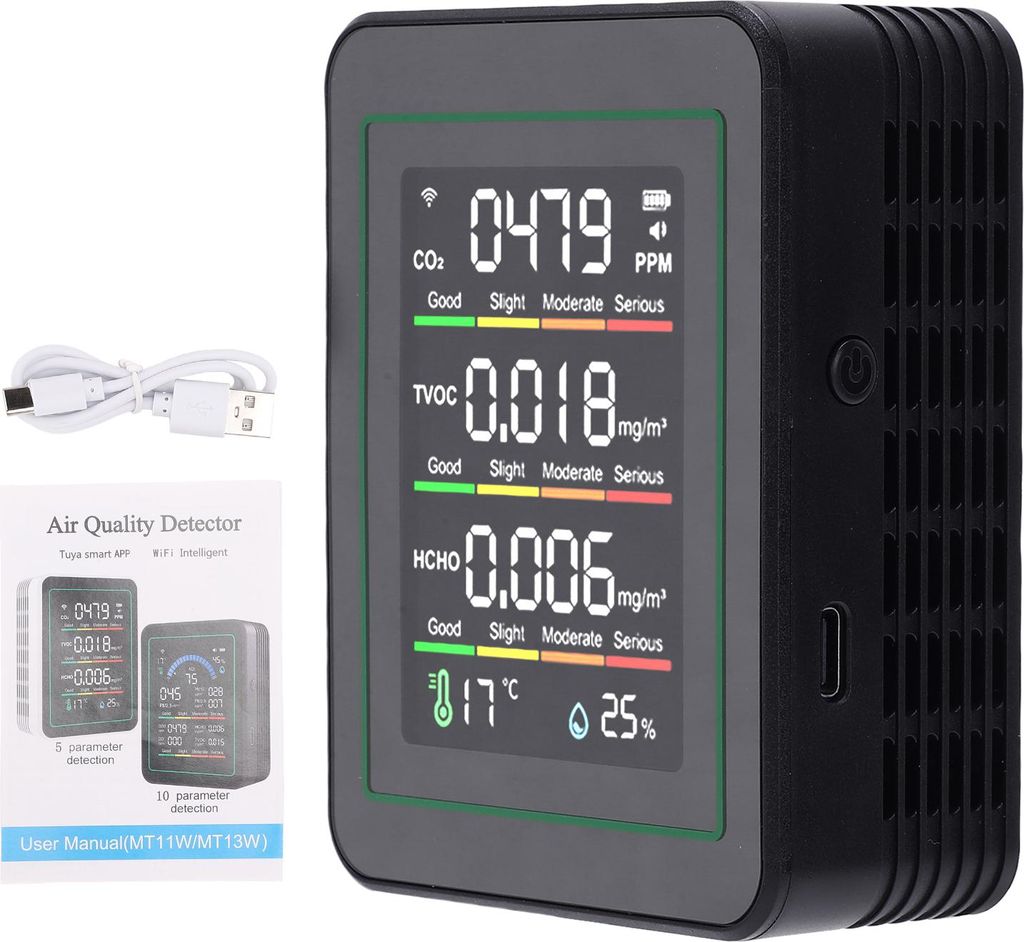 5 in 1 Luftqualitätsmonitor, WiFi Indoor CO2 Messgerät für Tuya Smart, HCHO TVOC Detektor mit LCD Display, Infrarotsensor, Temperatur Luftfeucht...