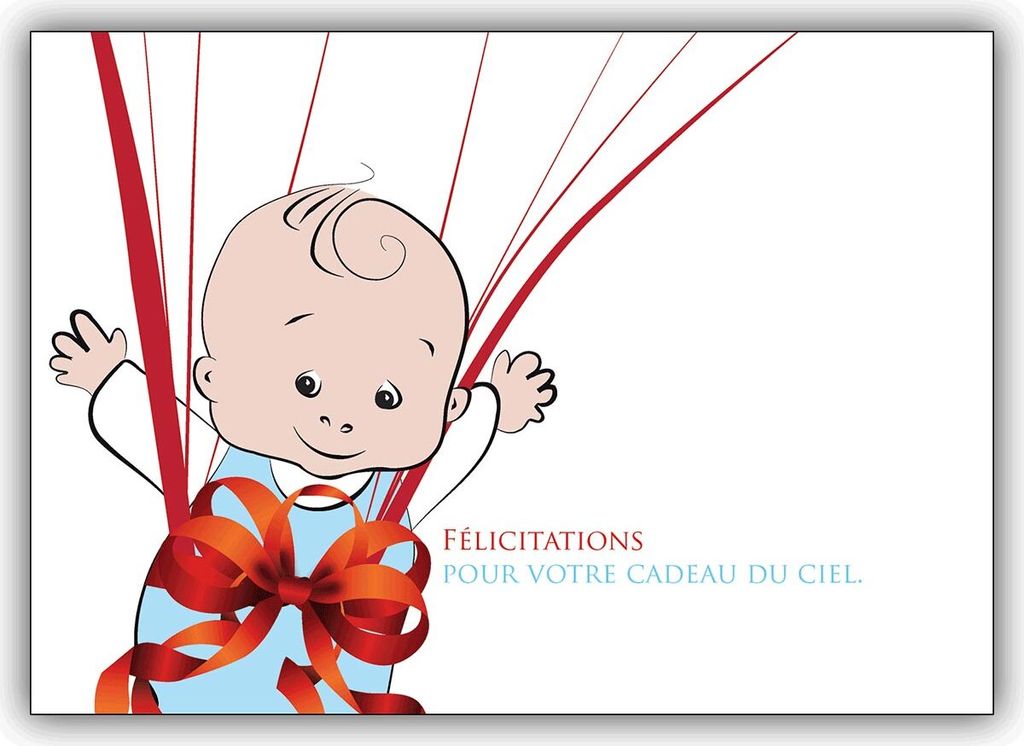 Nette französische Babykarte mit Baby Boy in Geschenk Schleife: Félicitations ...