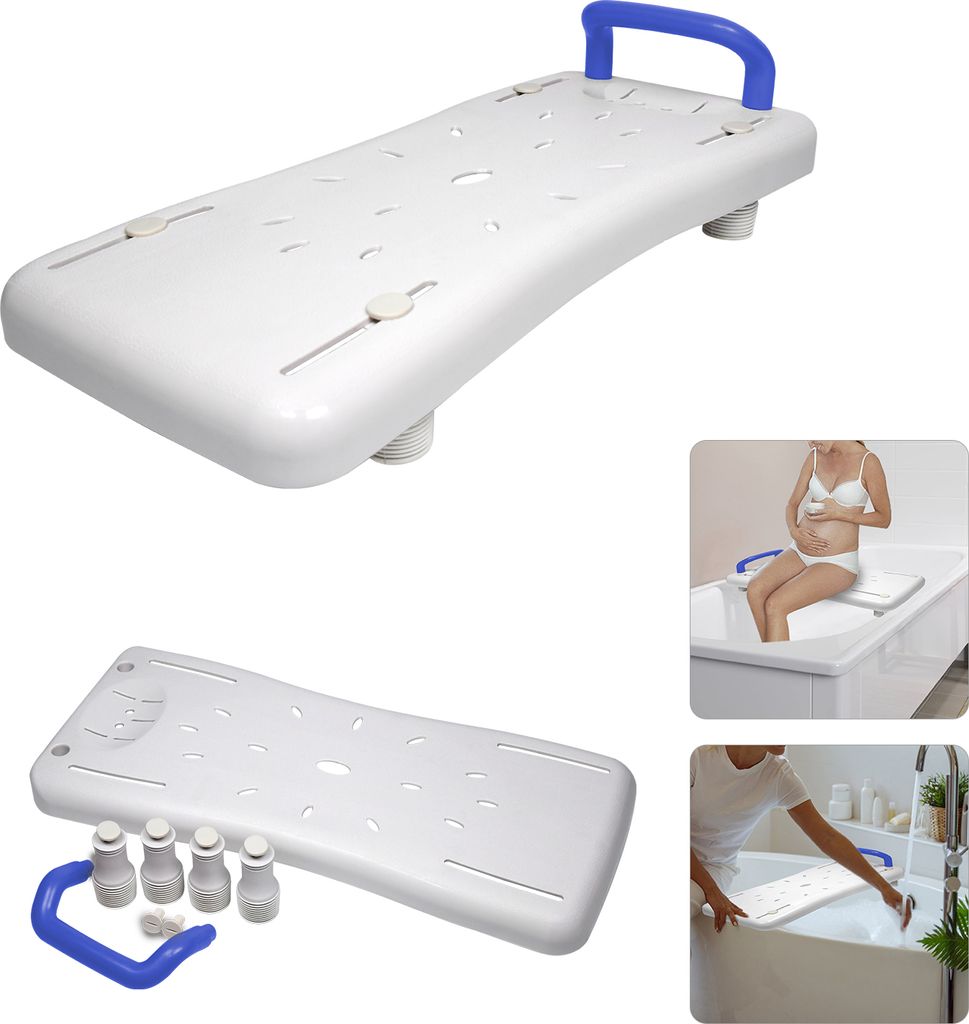 A collage of images showing a white bathtub board with a blue handle, its components, and people using it in a bathtub.