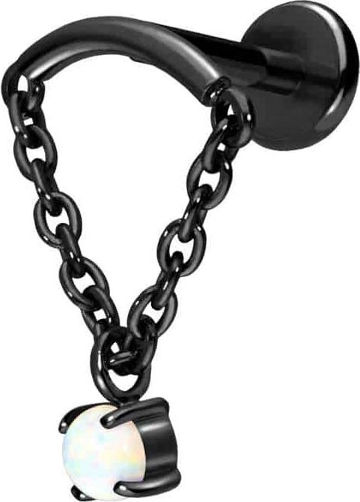 Ohrpiercing, Nasenpiercing Titan Labret mit Push Fit BOGEN + KETTE + SYNTHETISCHER OPAL Schwarz Stablänge: 9mm | Stabstärke: 1mm