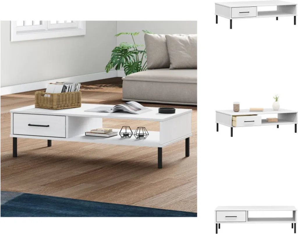 Table Basse OSLO Blanche Pieds en Épingle Métal et Bois de Pin Massif