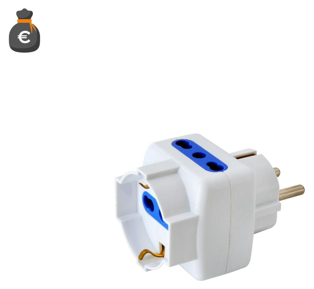 Alcapower 16A Dreifach-Adapter, 2 Bipasso- und 1 Universal-Buchse, Weiß, kompaktes Design für sichere Mehrfach-Hausanschlüsse.