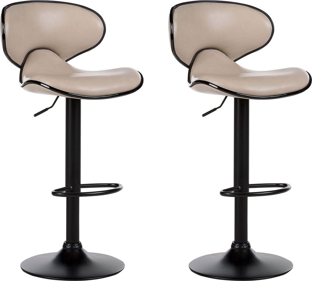Two beige bar stools with black metal frames are shown against a white background.