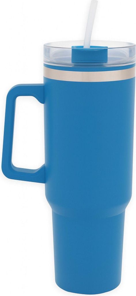 XXL Isolierbecher 1,2L aus Edelstahl mit Strohhalm Thermobecher Trinkbecher Getränkebecher Kaffeebecher Trinkflasche Campingbecher, Farbe:blau