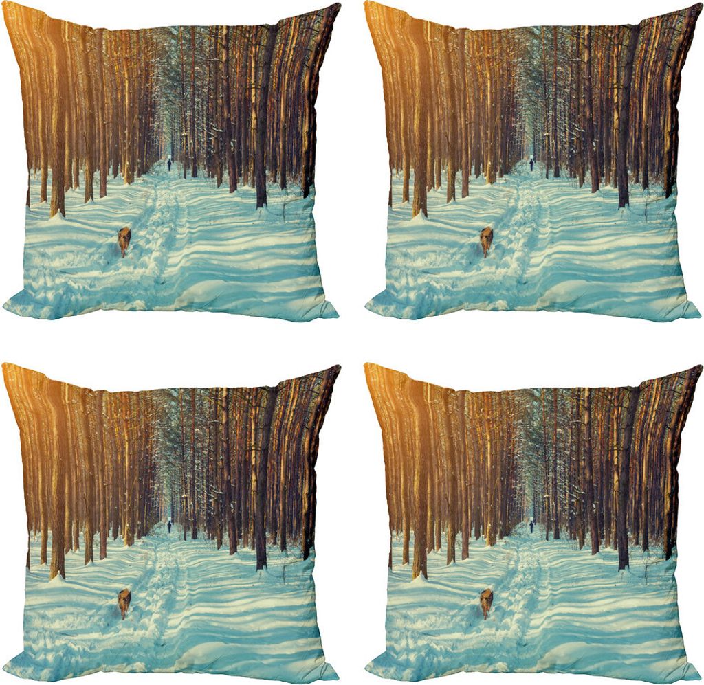 ABAKUHAUS Winter Kissenbezug Set (4 Stück), Skifahrer Running Dog Wald, Moderner Doppelseitiger Digitaldruck, 50 cm x 50 cm, Orange Braun Seafoam
