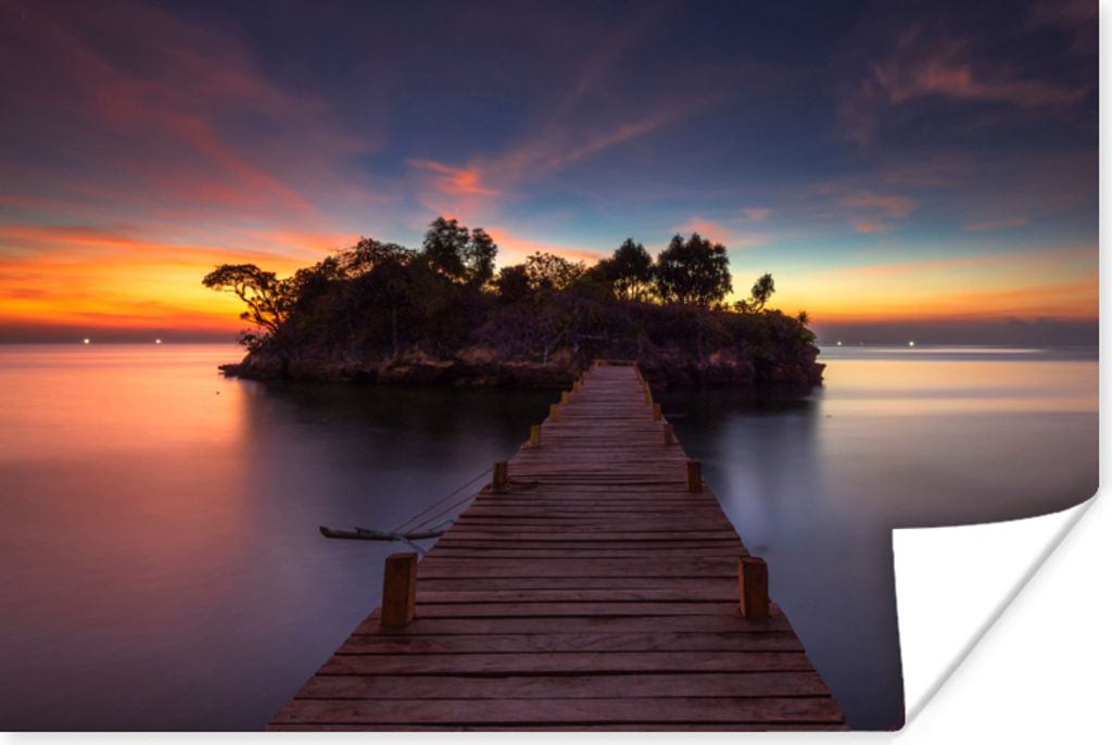 MuchoWow Poster Sonnenuntergang - Brücke - Bäume - Wasser - Insel 90x60 cm - Schlafzimmer