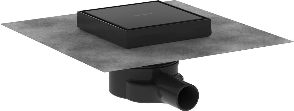 A black square drain with a grey membrane is shown from a diagonal angle.