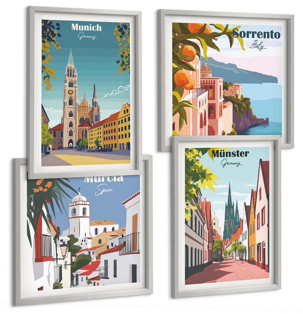 Bilder Set 4-teilig im silbergerahmten Rahmen – Wandbilder 4 Stück – gerahmte Poster für Wohnzimmer, Schlafzimmer und Flur – 50x50 cm - 40x...