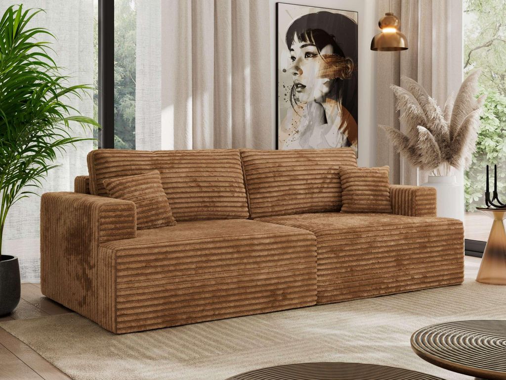 MKS MEBLE Sofa VIRELLA mit DL-Schlaffunktion und Bettkasten, 4-Sitzer Sofa, lose Kissen, Schlafsofa 240 x 115 x 88 cm - Orange Cord