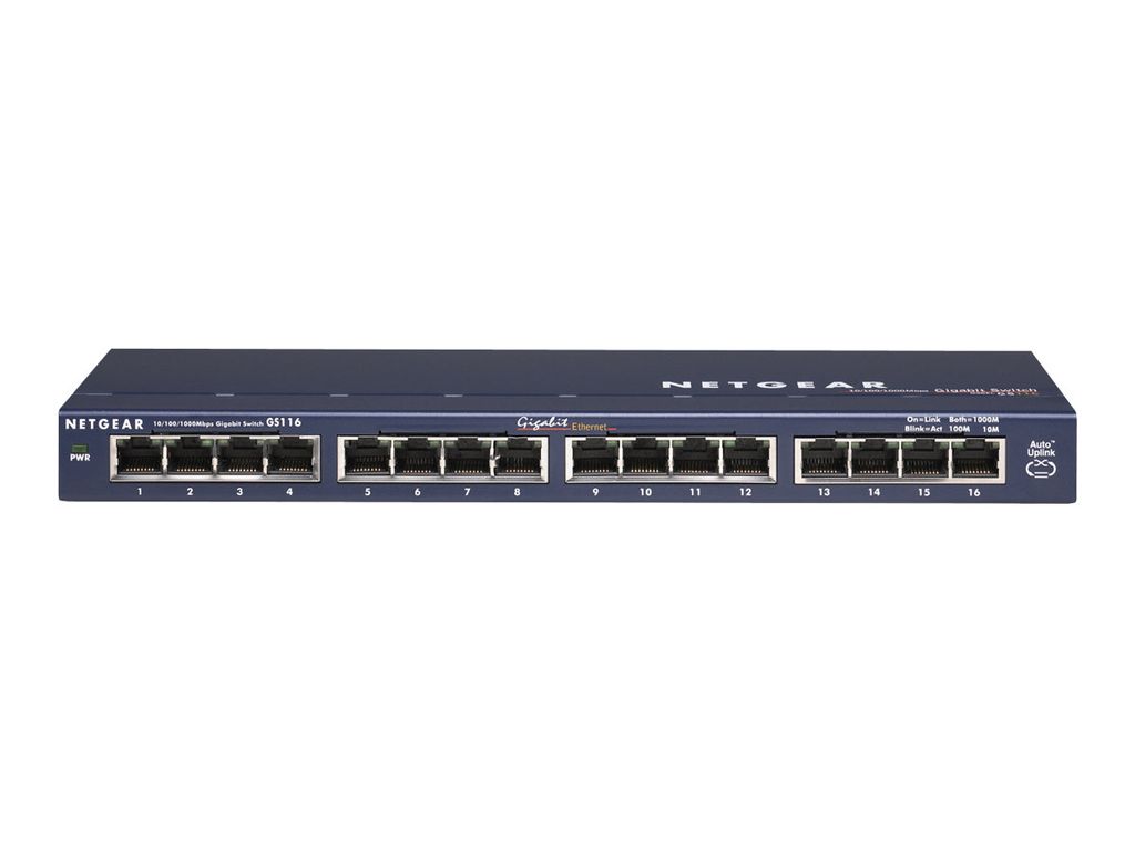 A Netgear GS116 16 Port Gigabit Desktop Switch is shown against a white background.