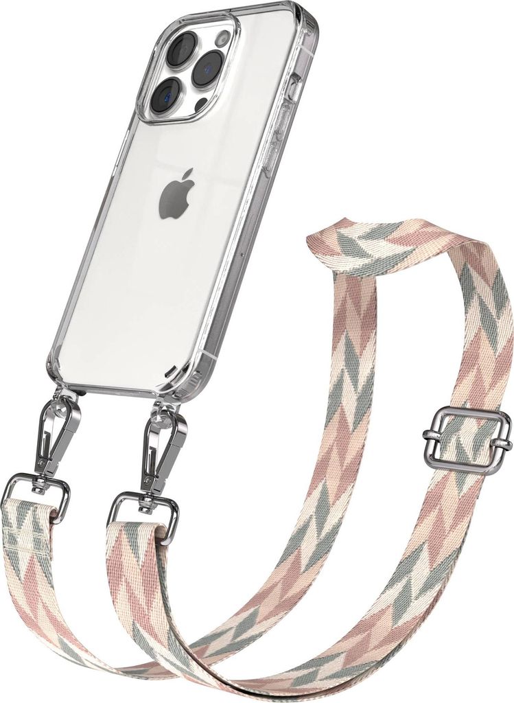 EAZY CASE Handykette - Verstellbarer Trageriemen kompatibel mit Apple iPhone 15 Pro, Handykordel mit transparenter Silikon-Hülle, Karabiner Silber...
