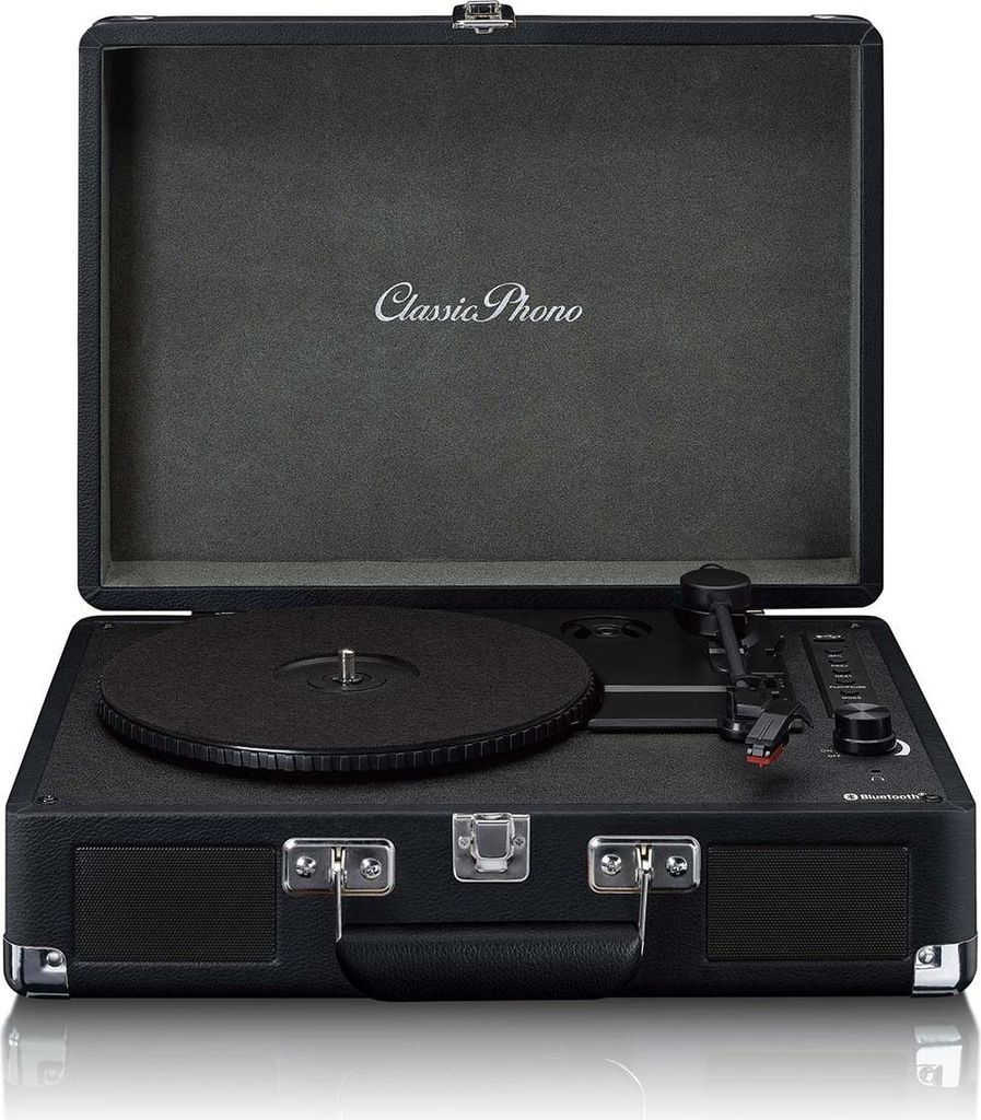 A black record player with its lid open, shown from a front-facing angle.