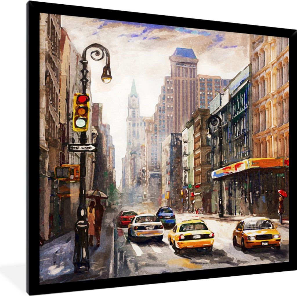 MuchoWow Gerahmtes Poster Gemälde - Stadt - Auto - Öl 40x40 cm - Poster mit Schwarzem Bilderrahmen Wandposter Rahmen Foto Bilder - Mit Rahmen -...