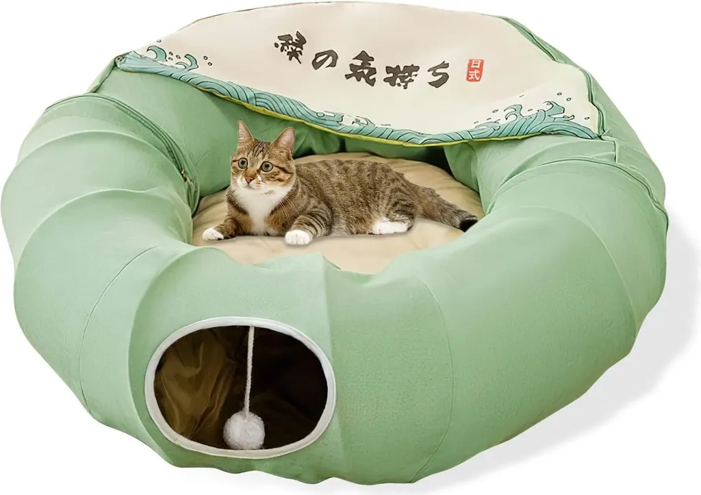 Maison pour Chat Style Tunnel avec Lit Douillet et Arbre à Chat Vert