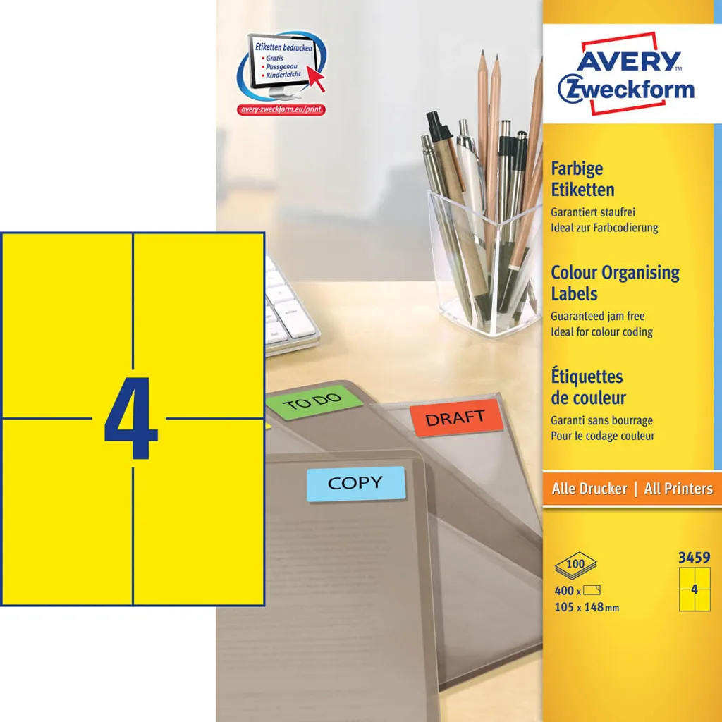 Avery 3459 Etichette Gialle A4 105x148mm - 400 Pezzi per Ufficio - 17