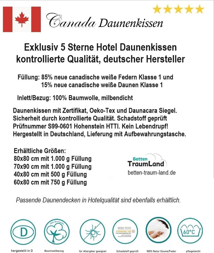 Daunenkissen 5 Sterne Hotel Kissen 80x80 cm Canada 85% Produktbild 2
