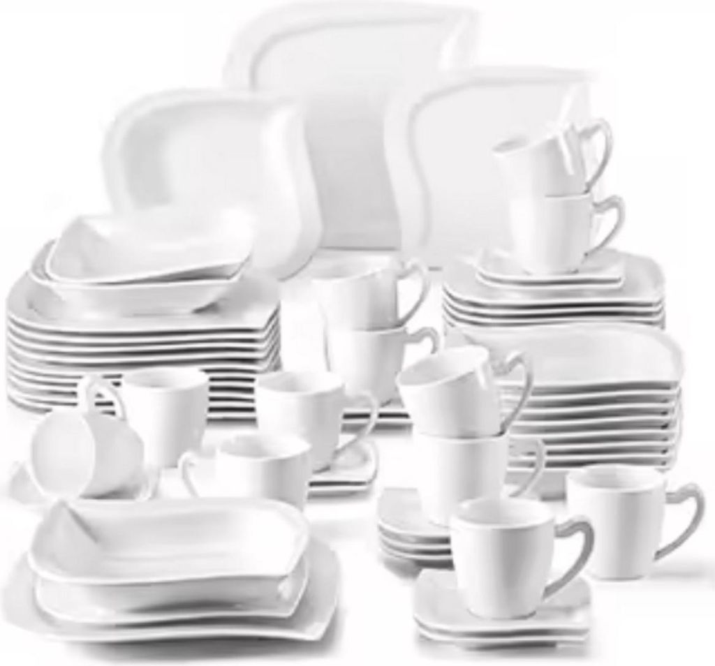 Ornate Serviesset – 12 Personen – 60-teilig – Weiß Keramik – Essteller, Kleine Teller – Tafelservices