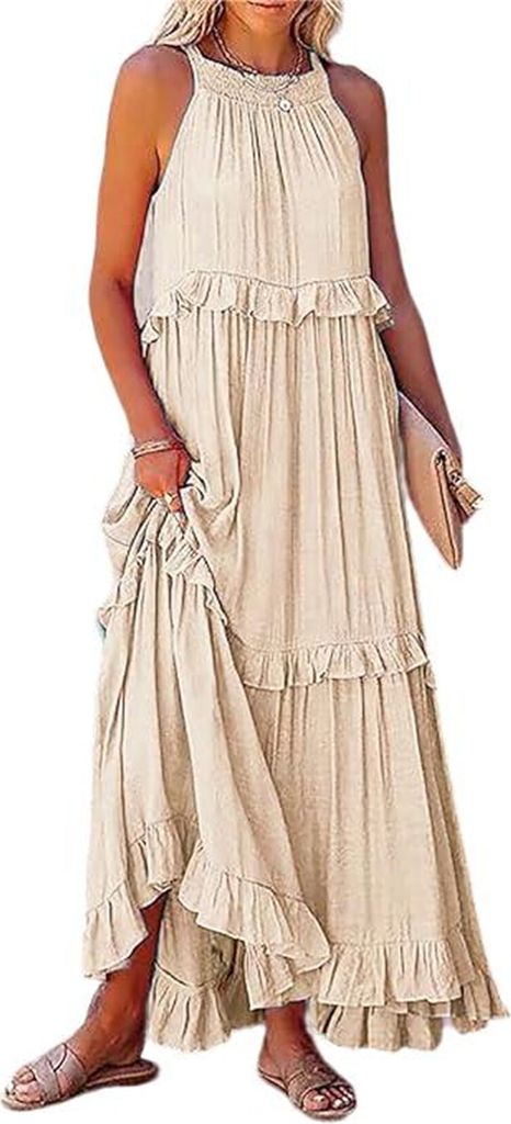 ASKSA Damen Langes Kleid Sommer Big Swing Strandkleid y Kleid Women Cover up Bikini Maxi Beachwear Kleider, Aprikose, Groesse: M