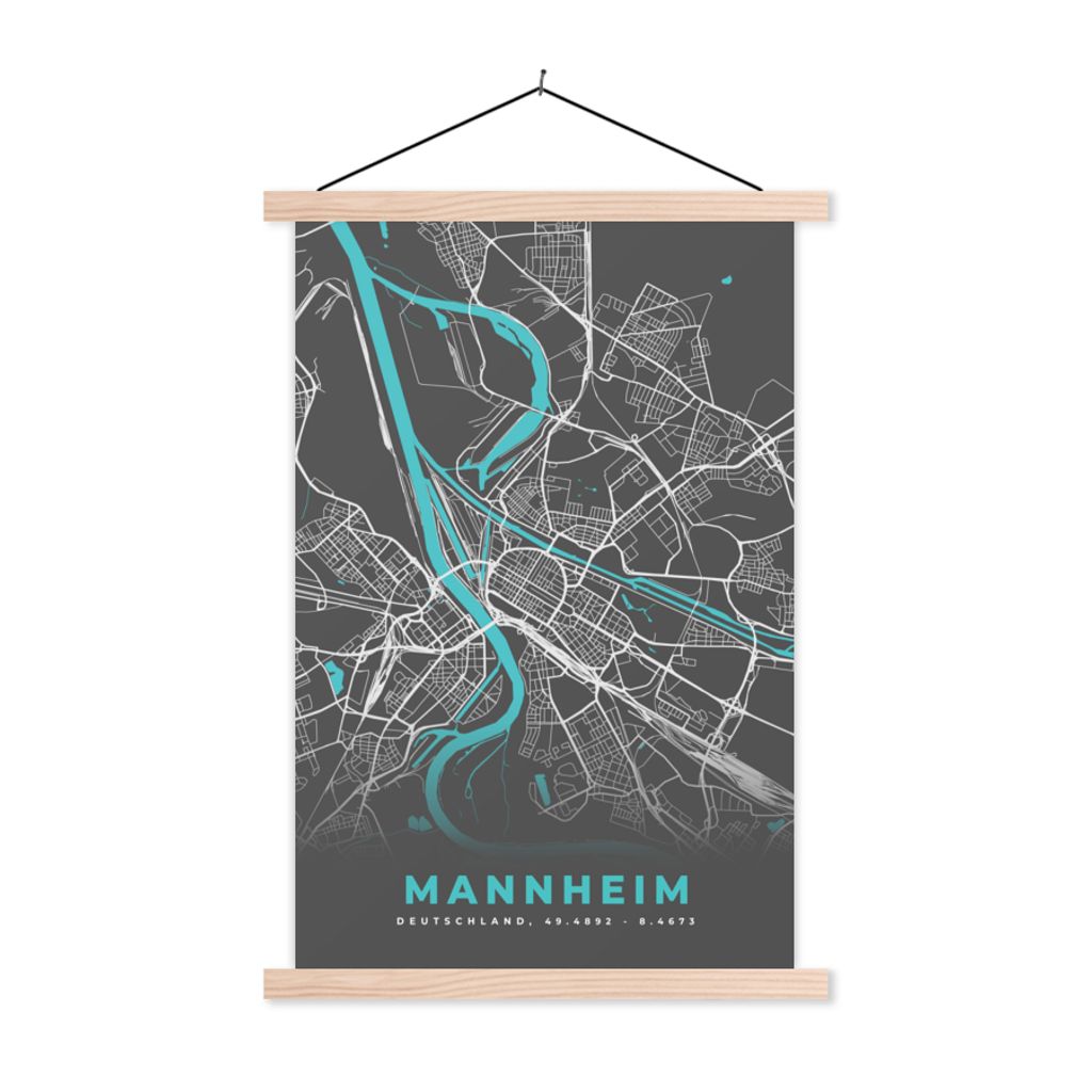 MuchoWow Textilposter Deutschland - Blau - Mannheim - Stadtplan - Karte 40x60 cm mit holzfarbenen Rahmen - Poster