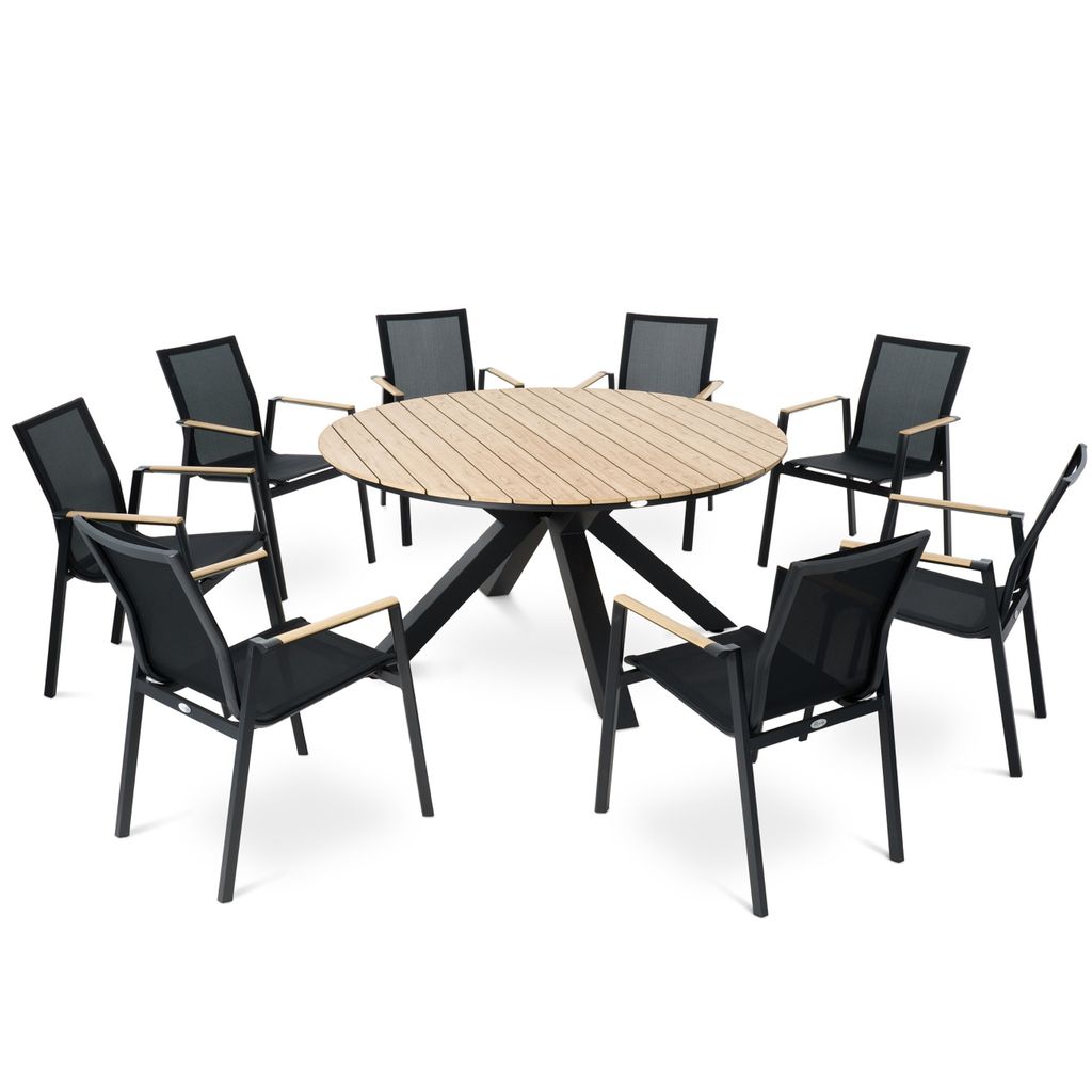 A round wooden table with eight black chairs arranged around it, set against a white background.