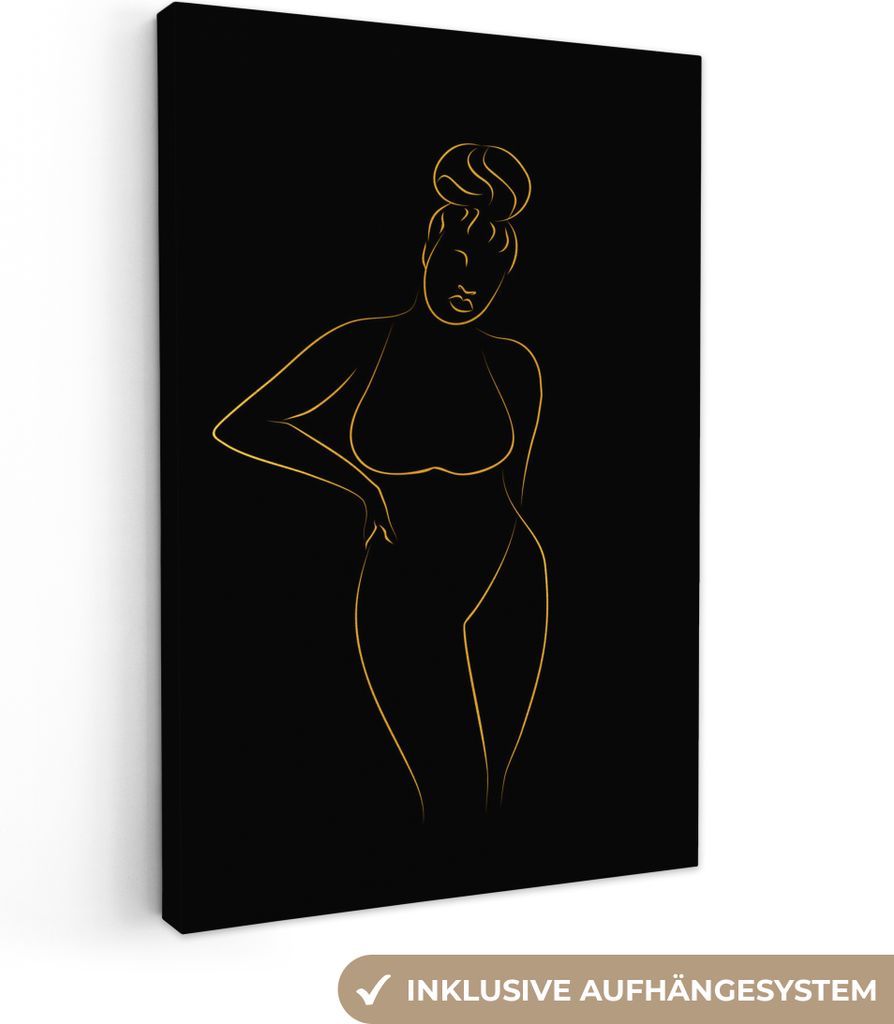 OneMillionCanvasses - Leinwandbilder - 90x140 cm, Frau - Schwarz - Gold - Strichzeichnung, Wandbilder Kunstdruck Wanddekoration - Wandschmucke - ...