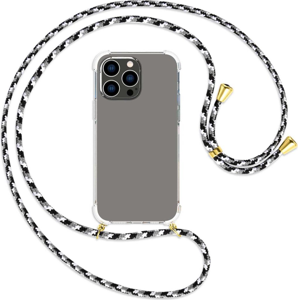 Handykette Backcover-Schutzhülle mit Band (Metall goldfarben) für Apple iPhone 14 Pro Max (6.7'') - schwarz/grau/weiß