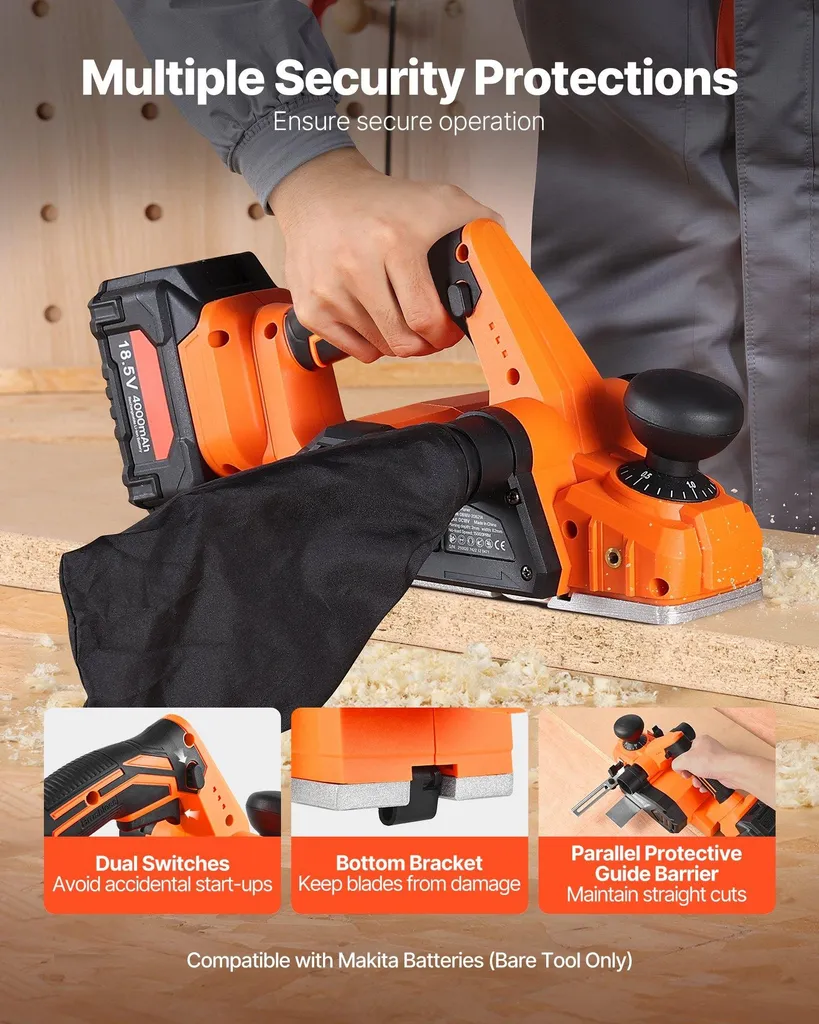 Pialle elettriche a batteria - Larghezza di taglio 82 mm - Motore brushless - Velocità 15.000 giri/min - Profondità di taglio regolabile - Compatibile con batteria da 18 V - Per la lavorazione del legno - Solo utensile - 5