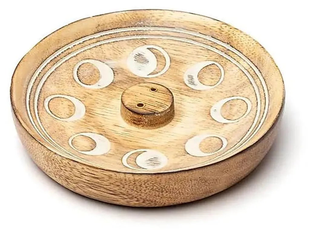 Brûleur d'encens phases de lune en bois de manguier - Lot de 2 pièces