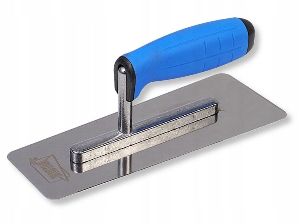 A trowel with a blue handle is shown against a white background.